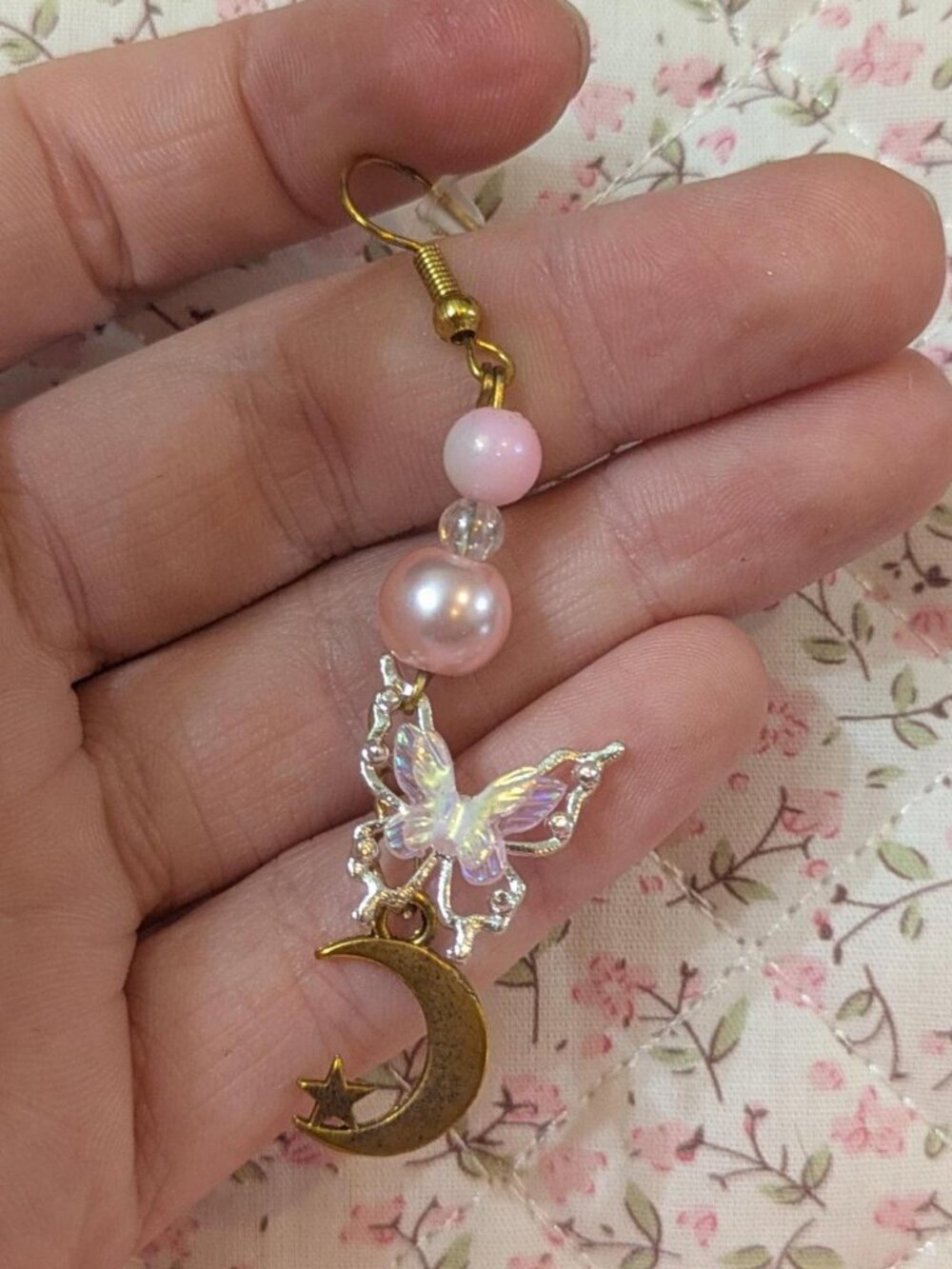 handmade pink butterfly and crescent moon earrings
